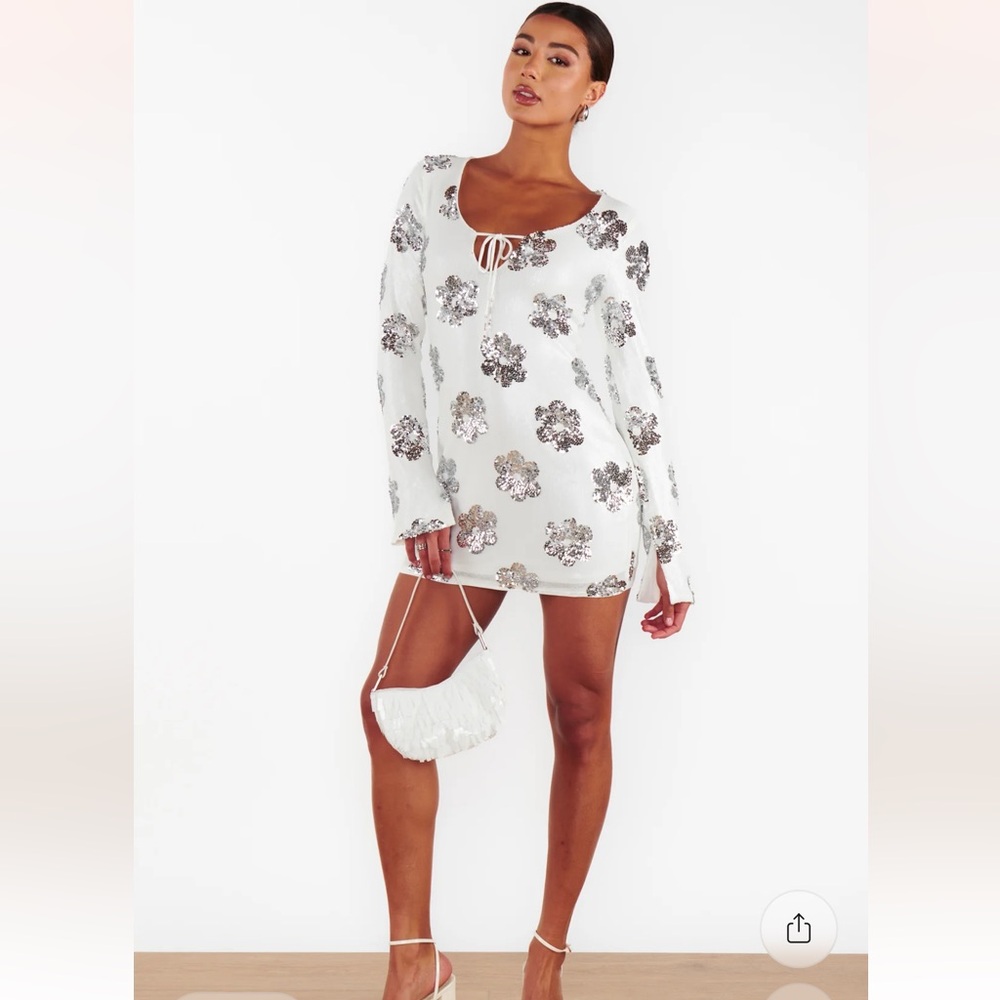 White Sequin Floral Mini Dress